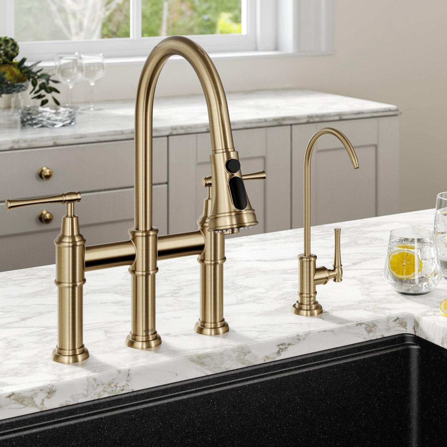 KRAUS Allyn Transitional Bridge Kitchen Faucet & Water Filter Faucet in Brushed Gold