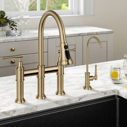 KRAUS Allyn Transitional Bridge Kitchen Faucet & Water Filter Faucet in Brushed Gold