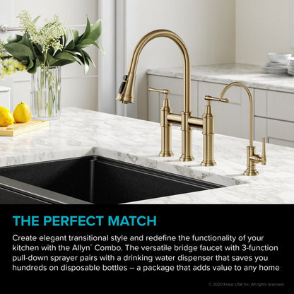 KRAUS Allyn Transitional Bridge Kitchen Faucet & Water Filter Faucet in Brushed Gold