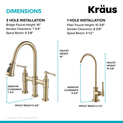KRAUS Allyn Transitional Bridge Kitchen Faucet & Water Filter Faucet in Brushed Gold