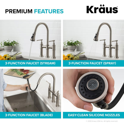 KRAUS Allyn Transitional Bridge Kitchen Faucet & Water Filter Faucet in Brushed Gold
