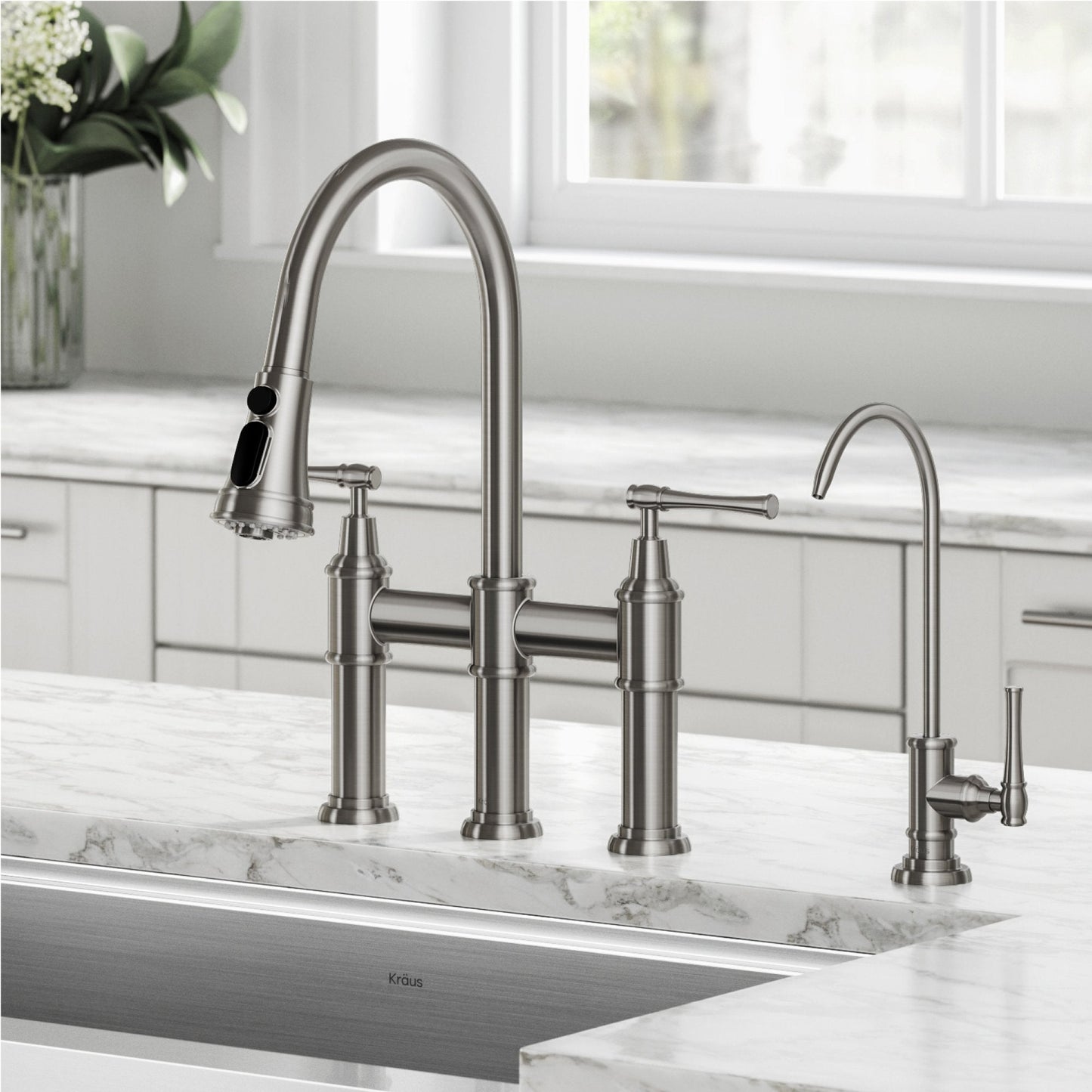KRAUS Allyn Transitional Bridge Kitchen Faucet & Water Filter Faucet in Spot Free Stainless Steel