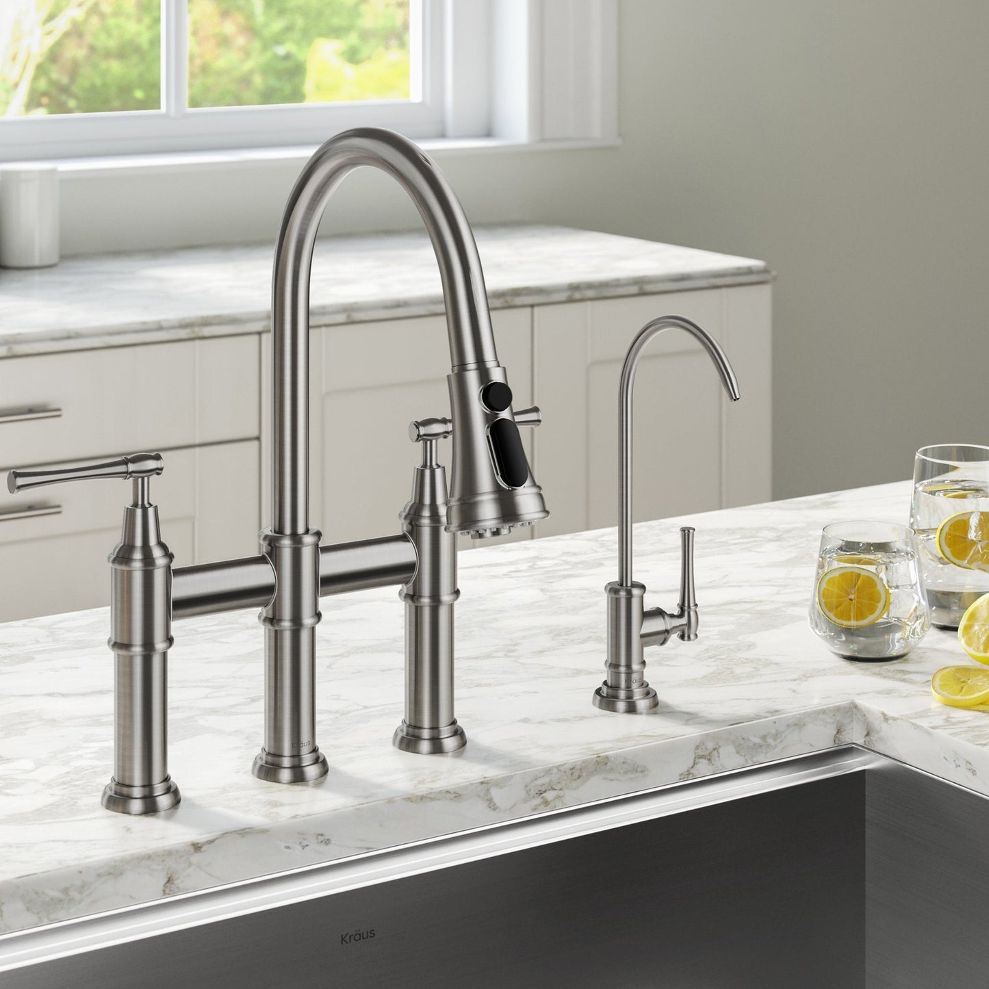 KRAUS Allyn Transitional Bridge Kitchen Faucet & Water Filter Faucet in Spot Free Stainless Steel