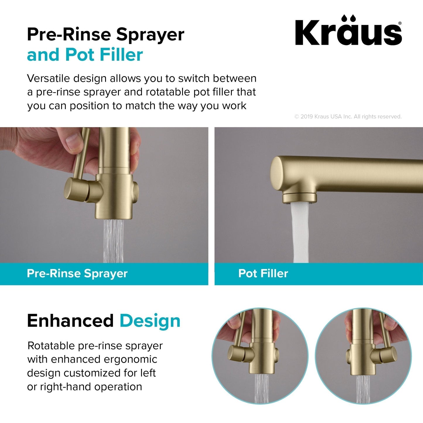KRAUS Artec Pro 2-Function Commercial Style Pre-Rinse Kitchen Faucet in Black Stainless/Brushed Gold - KPF-1603SBBG
