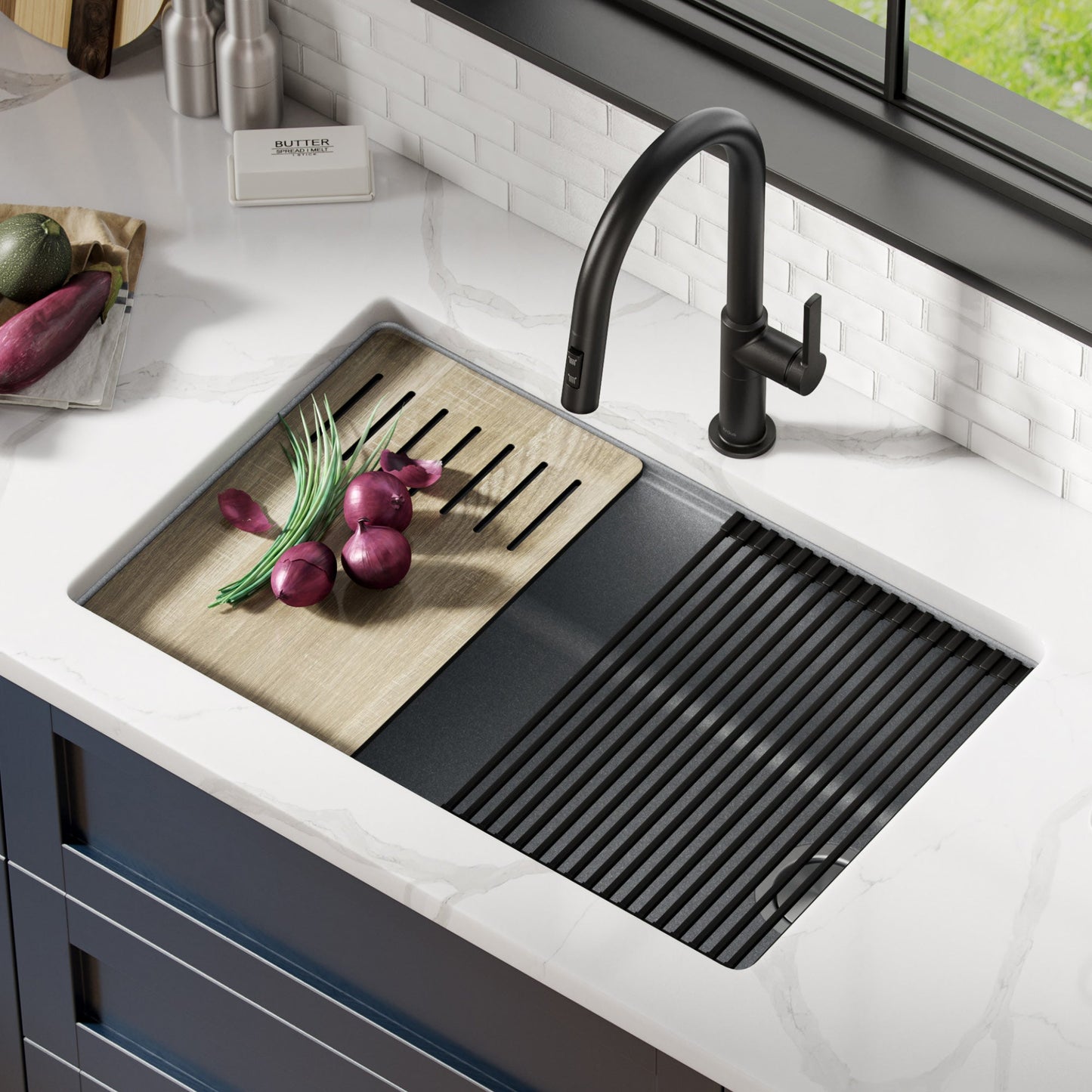 KRAUS Bellucci Workstation 30" Undermount Granite Composite Single Bowl Kitchen Sink with Accessories - KGUW2-30MBL