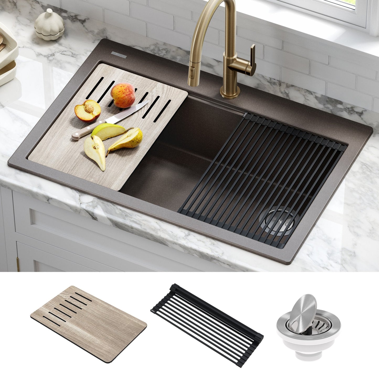 KRAUS Bellucci Workstation 33" Drop-In Granite Composite Kitchen Sink with Accessories - KGTW2-33MBL
