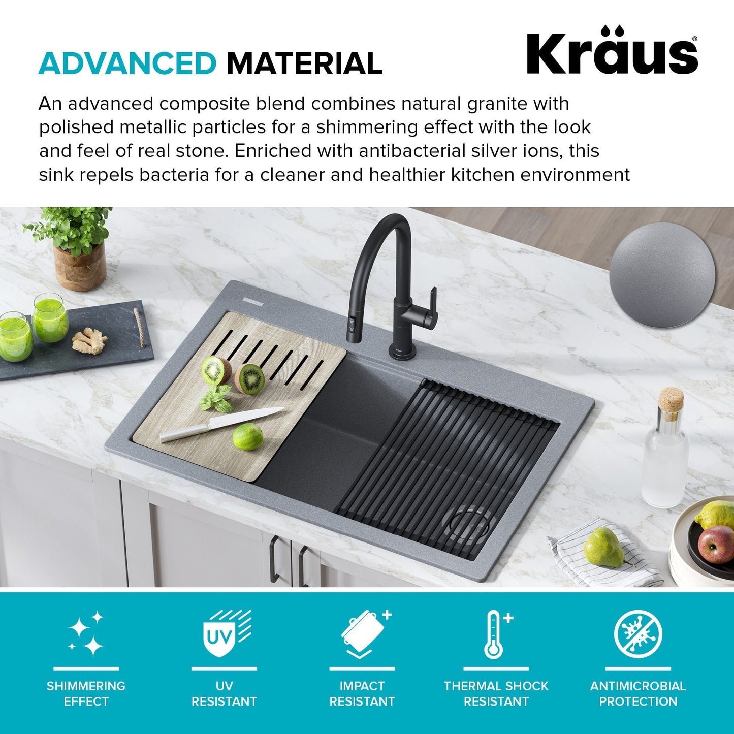 KRAUS Bellucci Workstation 33" Drop-In Granite Composite Kitchen Sink with Accessories - KGTW2-33MBL