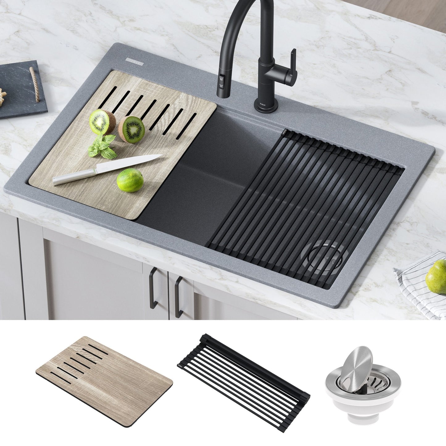 KRAUS Bellucci Workstation 33" Drop-In Granite Composite Kitchen Sink with Accessories - KGTW2-33MBL