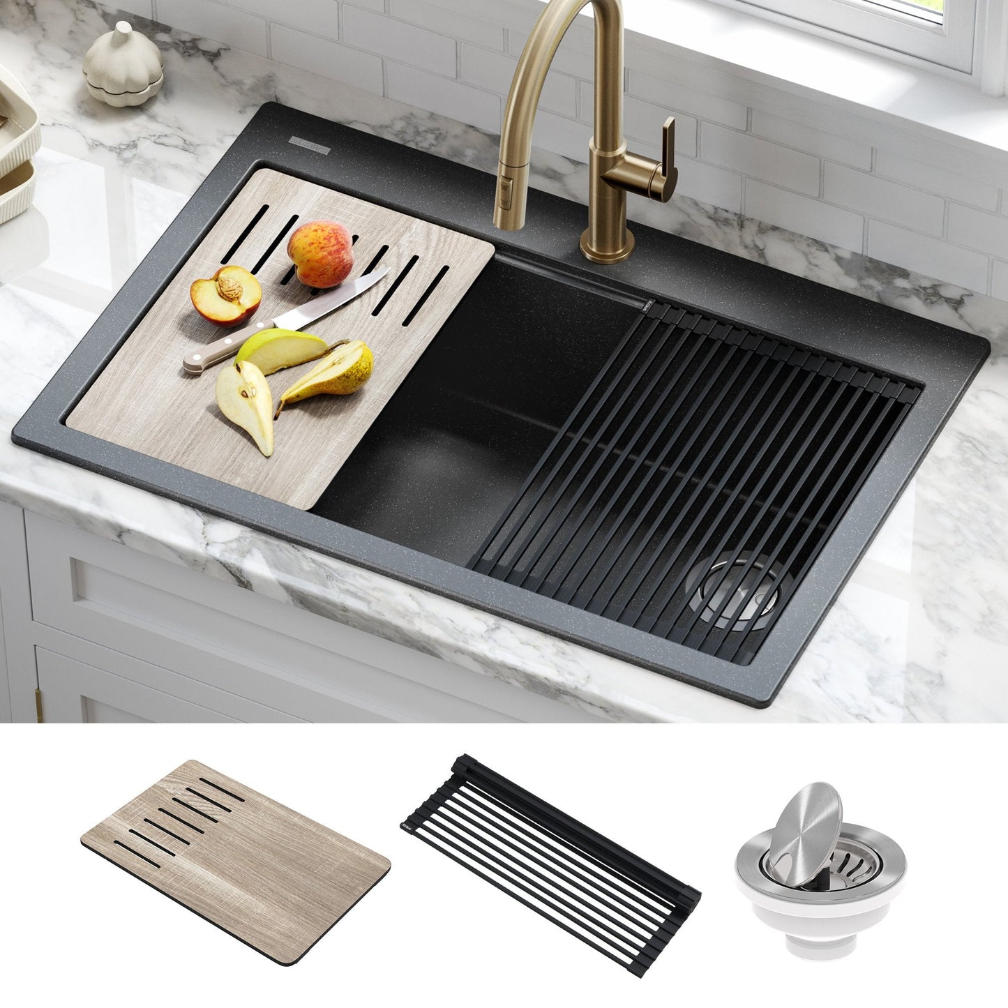 KRAUS Bellucci Workstation 33" Drop-In Granite Composite Kitchen Sink with Accessories - KGTW2-33MBL