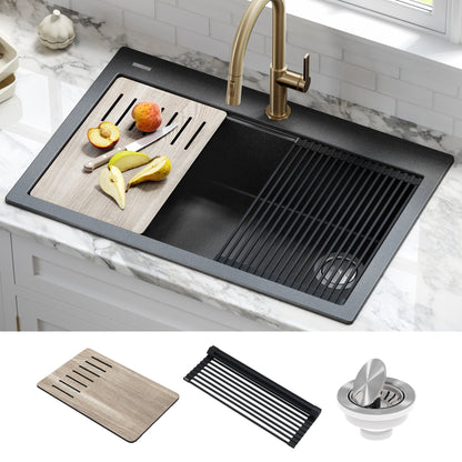 KRAUS Bellucci Workstation 33" Drop-In Granite Composite Kitchen Sink with Accessories - KGTW2-33MBL