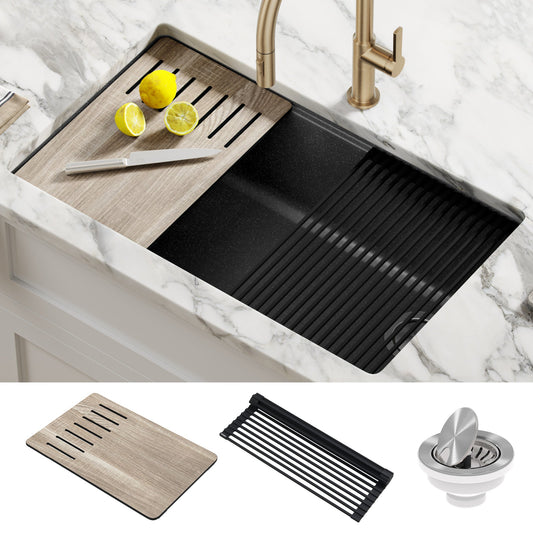 KRAUS Bellucci Workstation 33" Undermount Granite Composite Kitchen Sink in Metallic Black with Accessories - KGUW2-33MBL