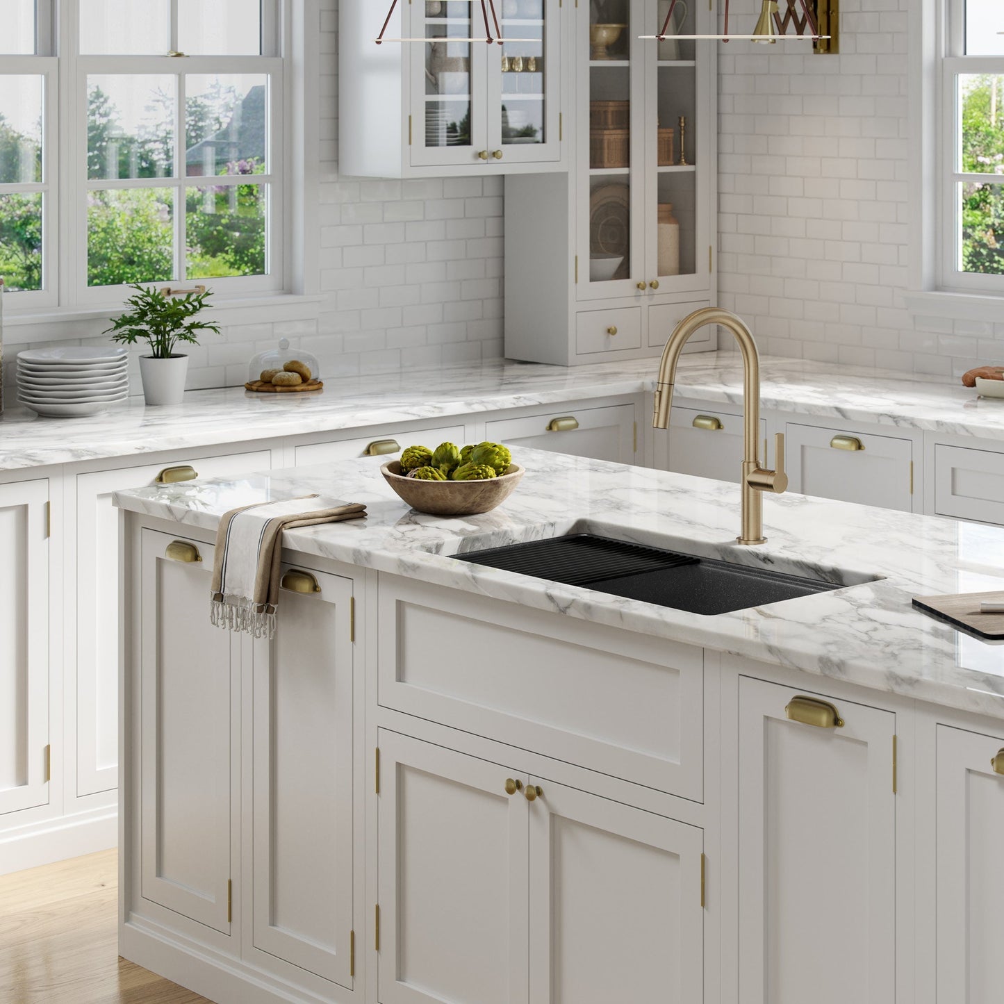 KRAUS Bellucci Workstation 33" Undermount Granite Composite Kitchen Sink in Metallic Black with Accessories - KGUW2-33MBL