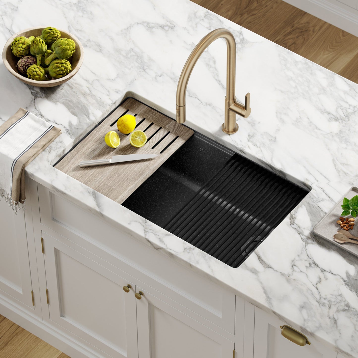 KRAUS Bellucci Workstation 33" Undermount Granite Composite Kitchen Sink in Metallic Black with Accessories - KGUW2-33MBL