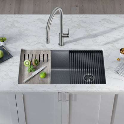 KRAUS Bellucci Workstation 33" Undermount Granite Composite Kitchen Sink in Metallic Gray with Accessories - KGUW2-33MGR