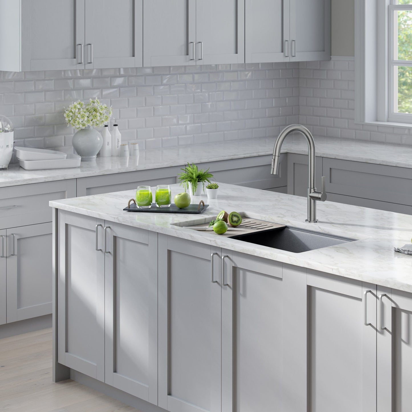 KRAUS Bellucci Workstation 33" Undermount Granite Composite Kitchen Sink in Metallic Gray with Accessories - KGUW2-33MGR