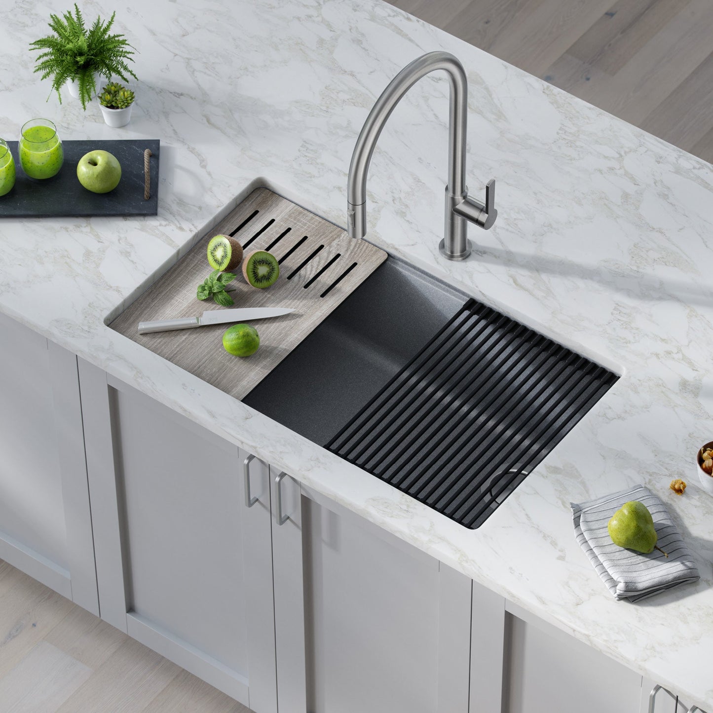 KRAUS Bellucci Workstation 33" Undermount Granite Composite Kitchen Sink in Metallic Gray with Accessories - KGUW2-33MGR