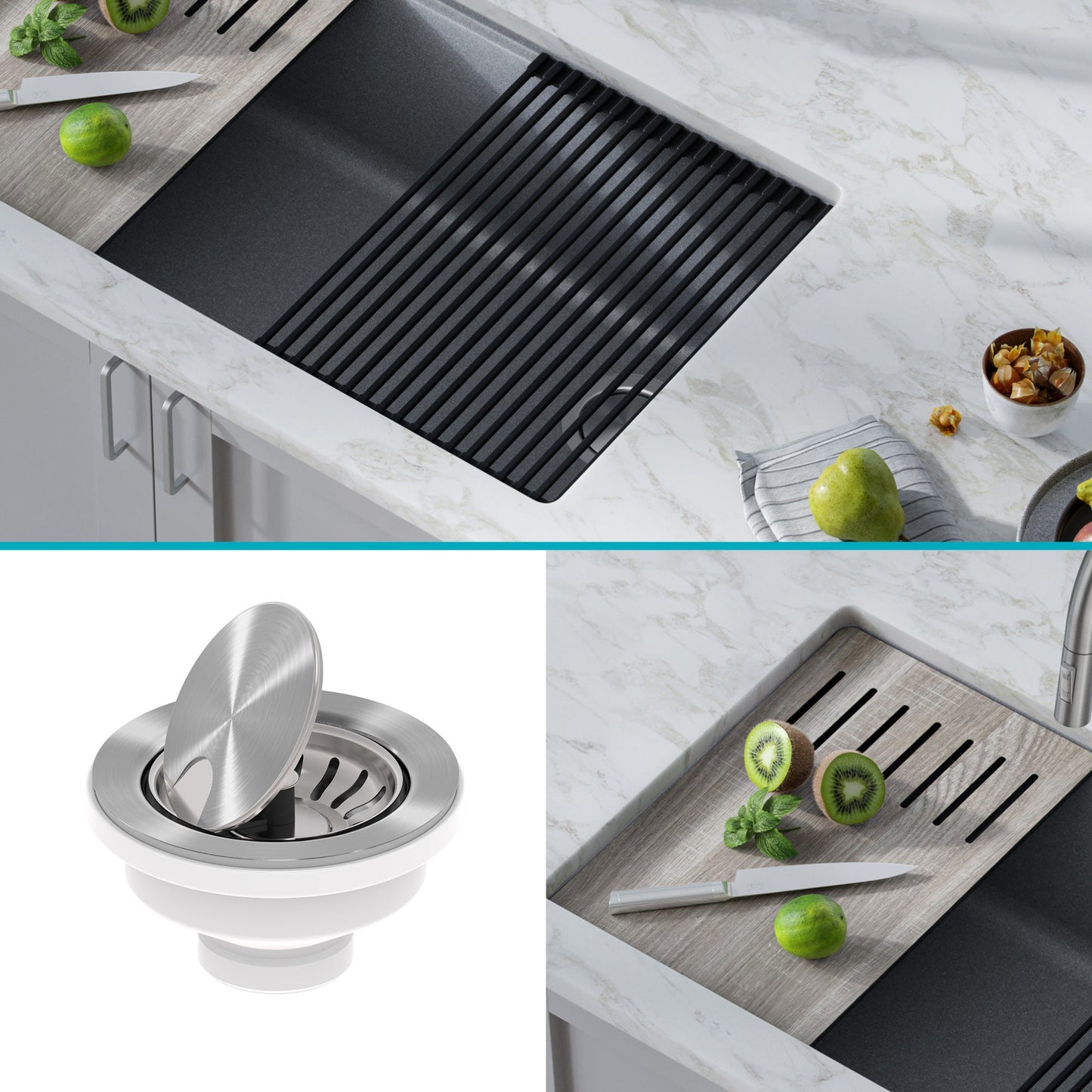 KRAUS Bellucci Workstation 33" Undermount Granite Composite Kitchen Sink in Metallic Gray with Accessories - KGUW2-33MGR