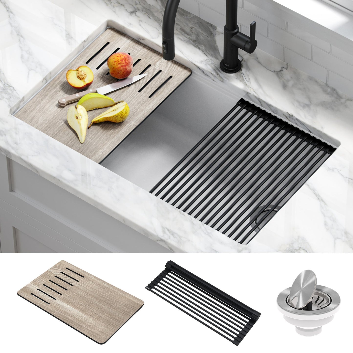 KRAUS Bellucci Workstation 33" Undermount Granite Composite Kitchen Sink in White with Accessories - KGUW1-33WH