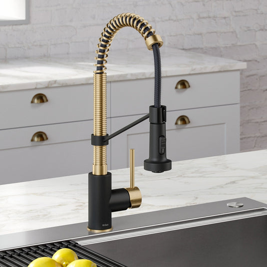 KRAUS Bolden 18-Inch Commercial Kitchen Faucet with Pull-Down Sprayhead in Spot Free Antique Champagne Bronze/Matte Black - KPF-1610SFACBMB