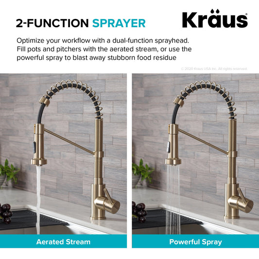 KRAUS Bolden Commercial Style Pull-Down Kitchen Faucet and Purita Water Filter Faucet Combo in Spot Free Antique Champagne Bronze - KPF-1610-FF-100SFACB