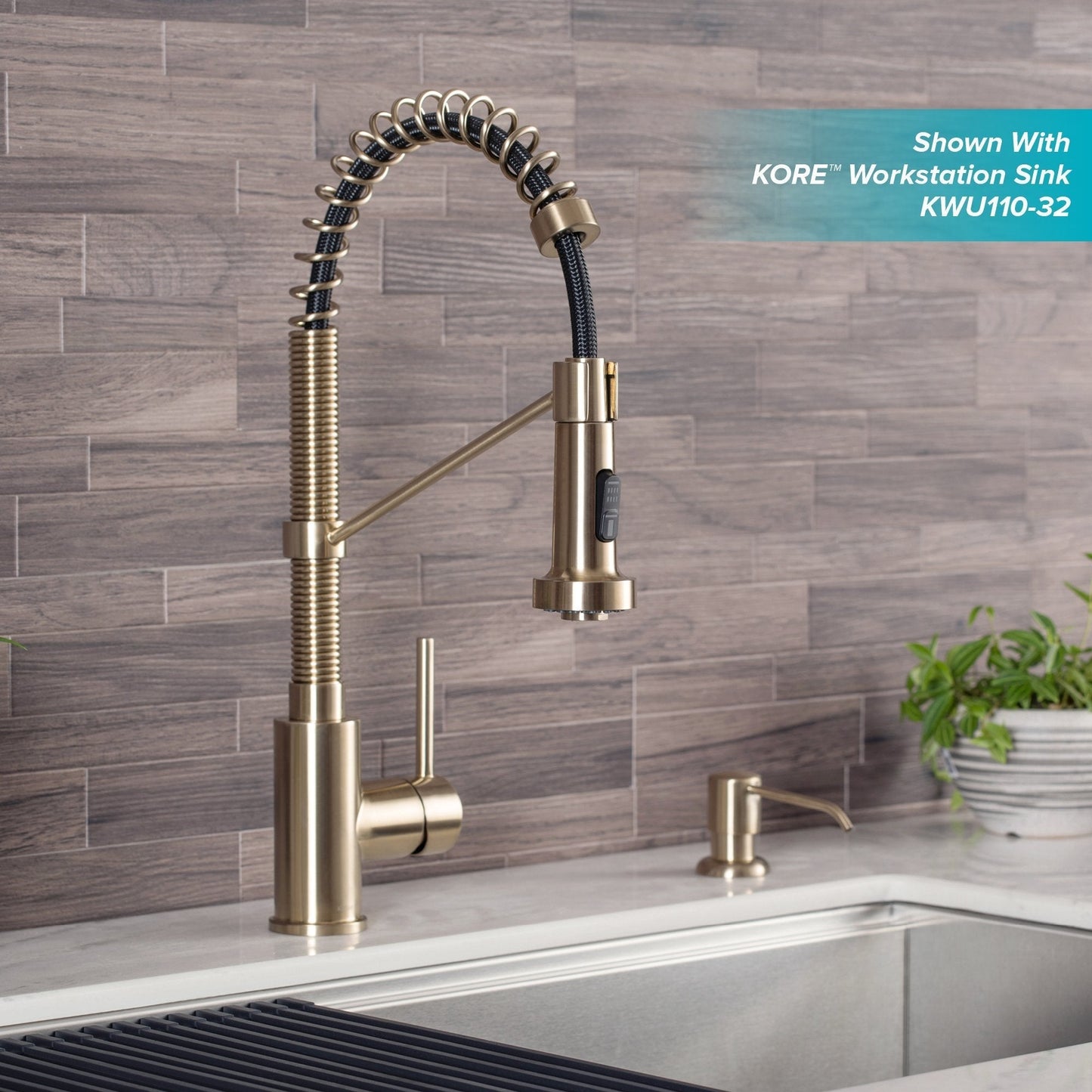 KRAUS Bolden Commercial Style Pull-Down Kitchen Faucet and Purita Water Filter Faucet Combo in Spot Free Antique Champagne Bronze - KPF-1610-FF-100SFACB