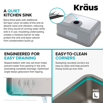 KRAUS Dex 25" Undermount 16 Gauge Stainless Steel Kitchen Sink with VersiDrain - KD1US25B