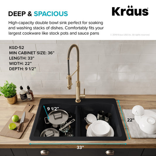 KRAUS Forteza 33" Dual Mount 50/50 Double Bowl Granite Kitchen Sink in Black - KGD-52BLACK