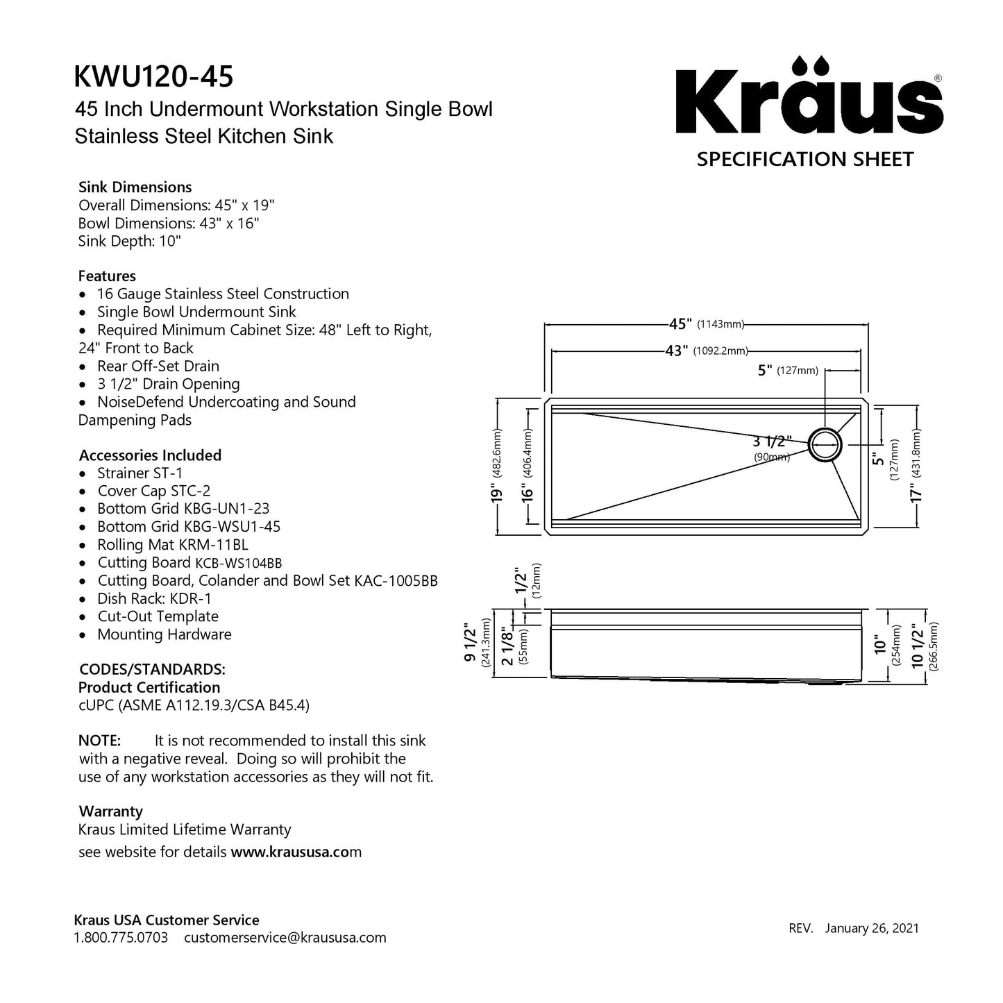 KRAUS Kore 2-Tier Workstation 45" Undermount 16 Gauge Single Bowl Stainless Steel Kitchen Sink with Accessories - KWU120-45