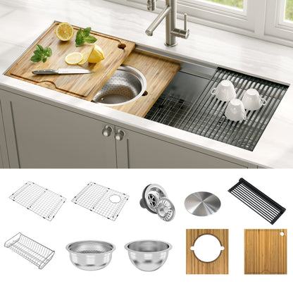 KRAUS Kore 2-Tier Workstation 45" Undermount 16 Gauge Single Bowl Stainless Steel Kitchen Sink with Accessories - KWU120-45