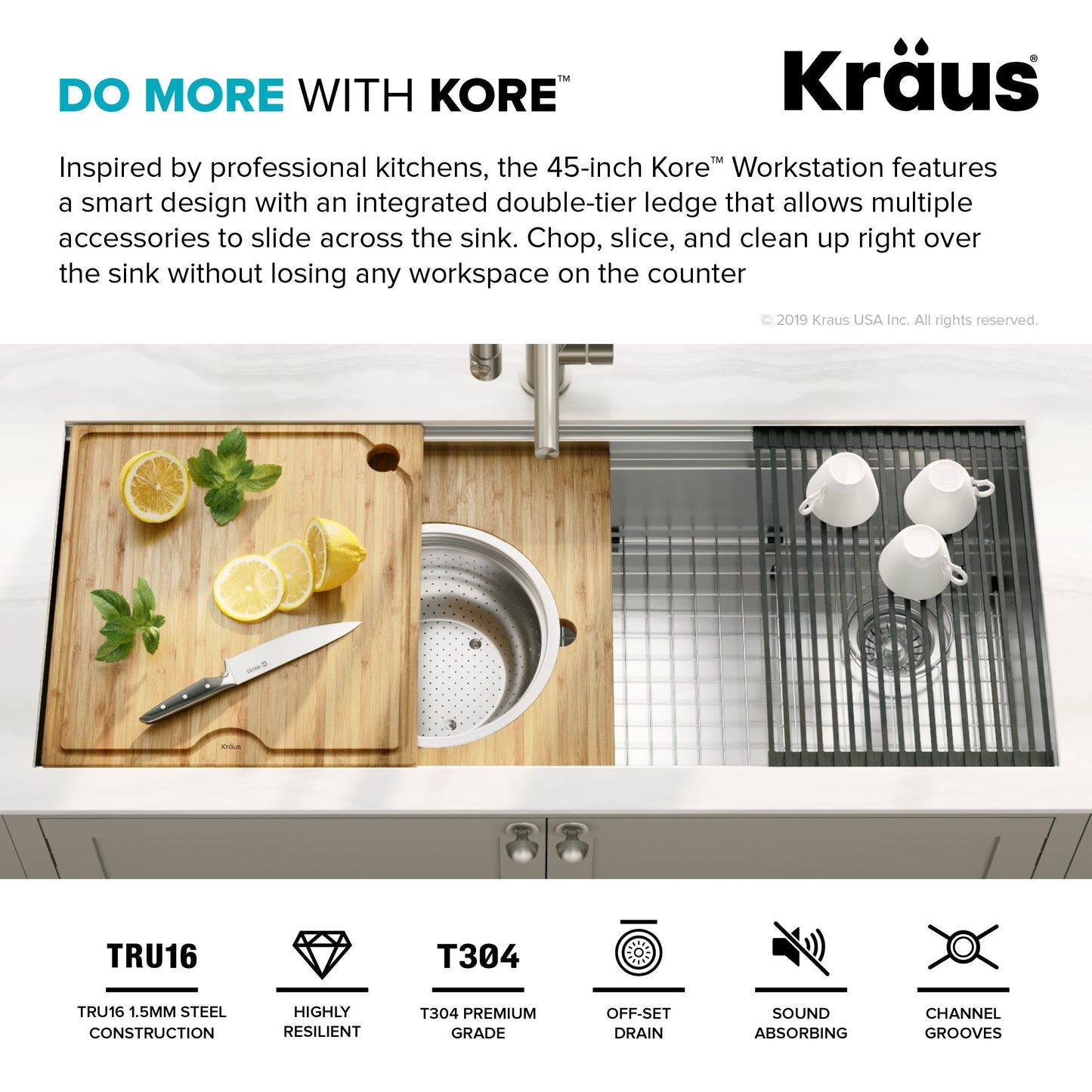KRAUS Kore 2-Tier Workstation 45" Undermount 16 Gauge Single Bowl Stainless Steel Kitchen Sink with Accessories - KWU120-45