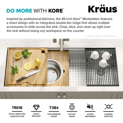 KRAUS Kore 2-Tier Workstation 45" Undermount 16 Gauge Single Bowl Stainless Steel Kitchen Sink with Accessories - KWU120-45