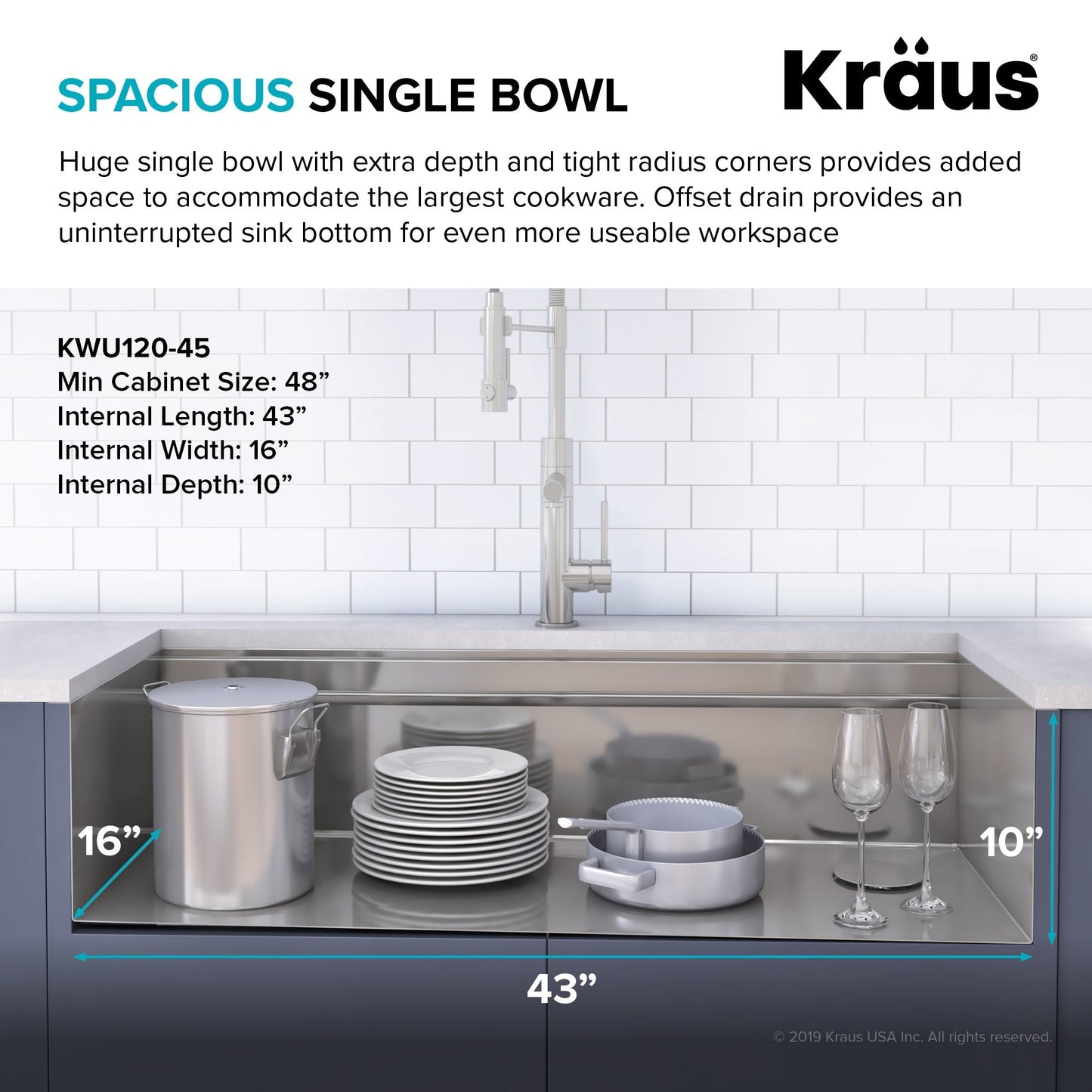 KRAUS Kore 2-Tier Workstation 45" Undermount 16 Gauge Single Bowl Stainless Steel Kitchen Sink with Accessories - KWU120-45