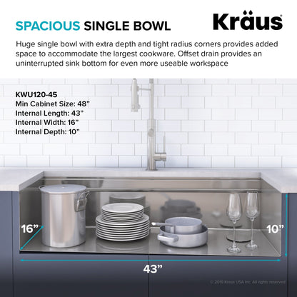 KRAUS Kore 2-Tier Workstation 45" Undermount 16 Gauge Single Bowl Stainless Steel Kitchen Sink with Accessories - KWU120-45
