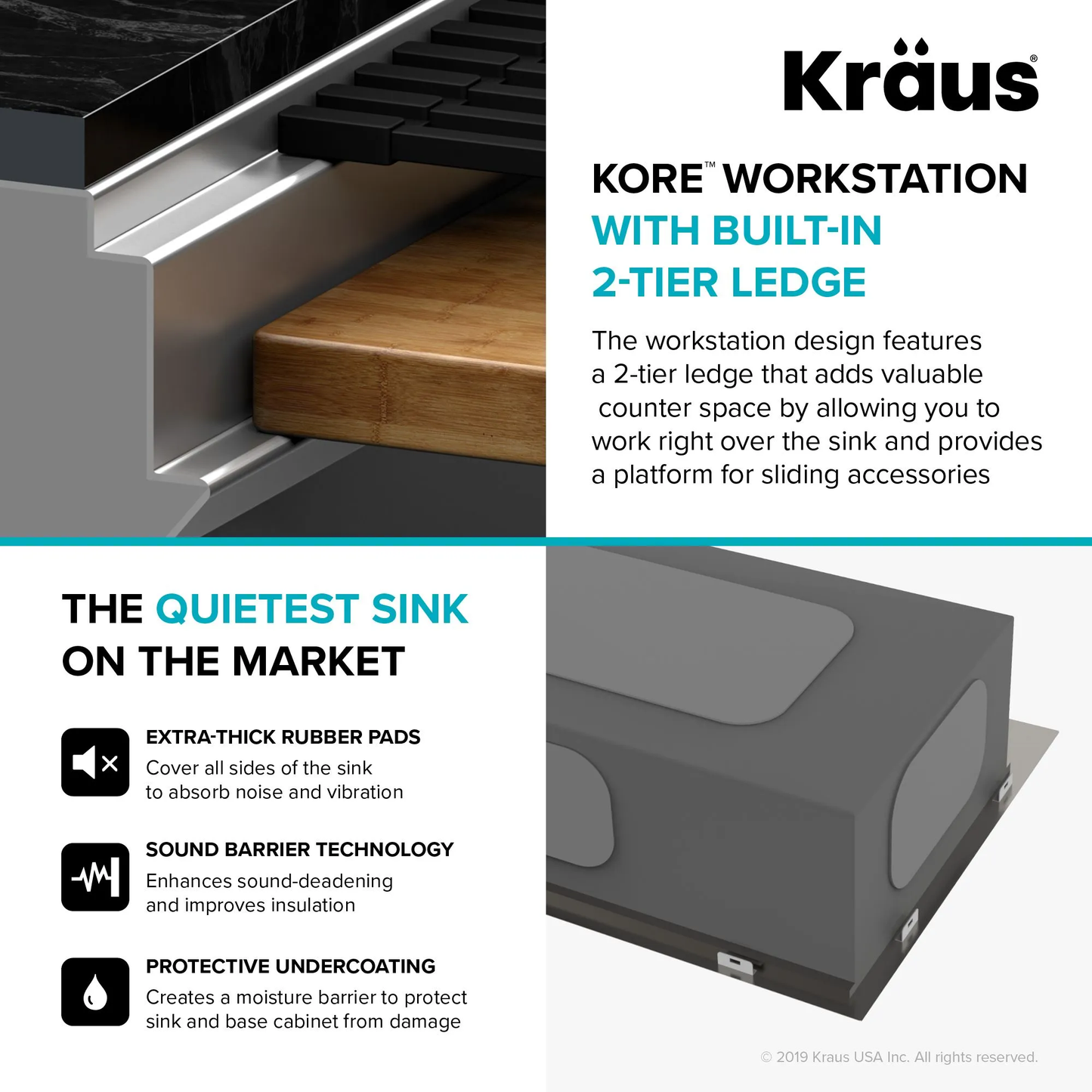 KRAUS Kore 2-Tier Workstation 45" Undermount 16 Gauge Single Bowl Stainless Steel Kitchen Sink with Accessories - KWU120-45