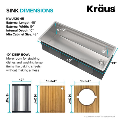 KRAUS Kore 2-Tier Workstation 45" Undermount 16 Gauge Single Bowl Stainless Steel Kitchen Sink with Accessories - KWU120-45