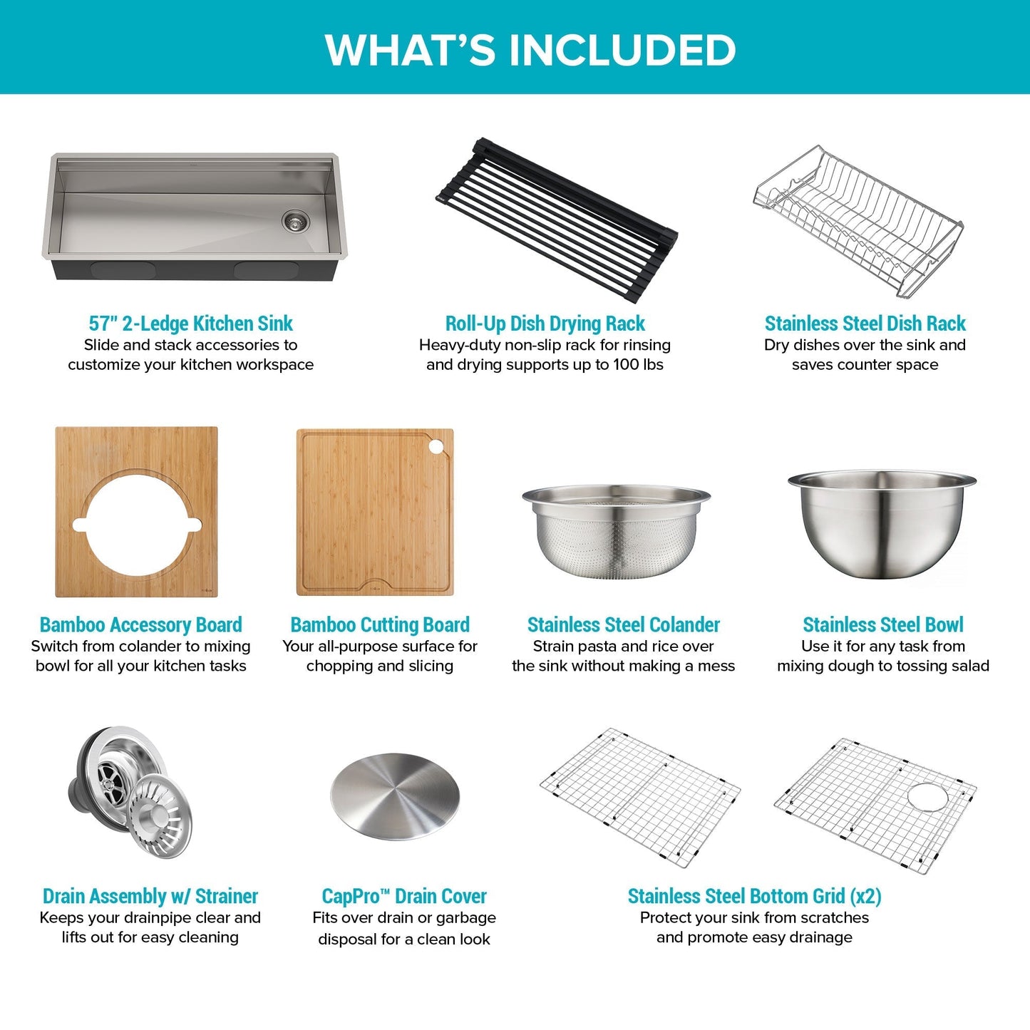 KRAUS Kore Dual Tier 57" Undermount Workstation 16 Gauge Single Bowl Kitchen Sink - KWU210-57