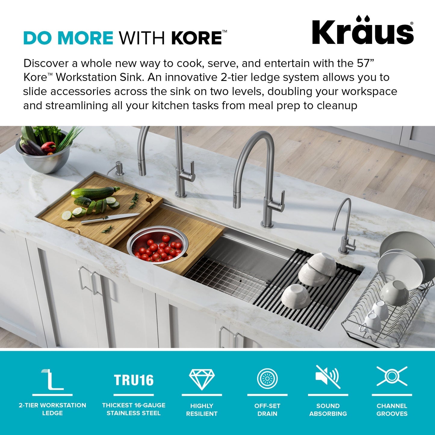 KRAUS Kore Dual Tier 57" Undermount Workstation 16 Gauge Single Bowl Kitchen Sink - KWU210-57