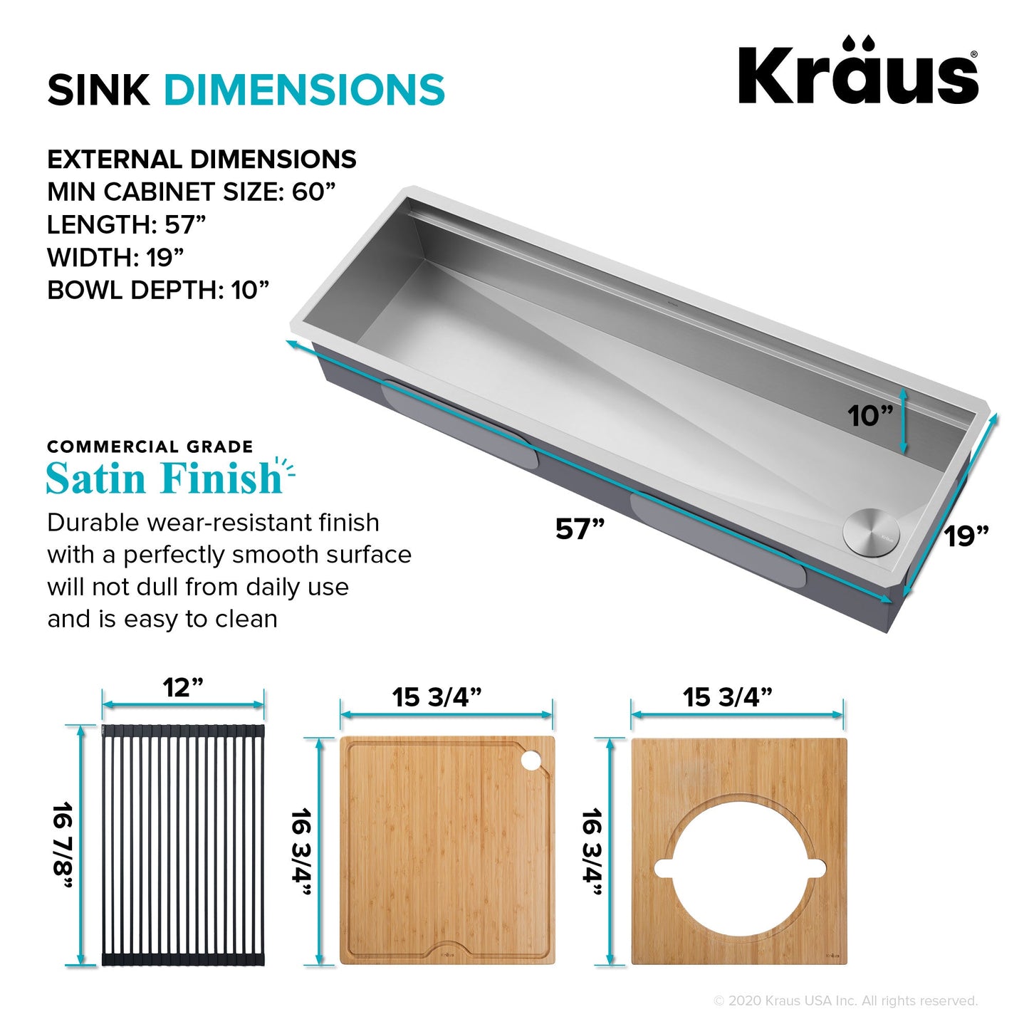 KRAUS Kore Dual Tier 57" Undermount Workstation 16 Gauge Single Bowl Kitchen Sink - KWU210-57