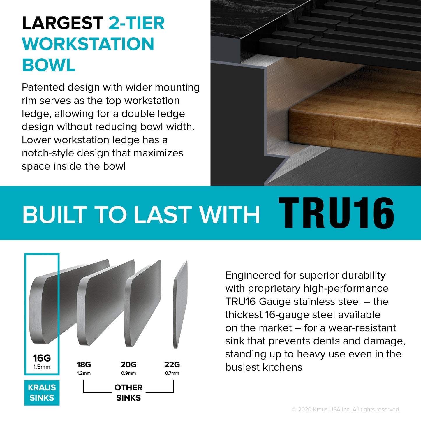 KRAUS Kore Dual Tier 57" Undermount Workstation 16 Gauge Single Bowl Kitchen Sink - KWU210-57