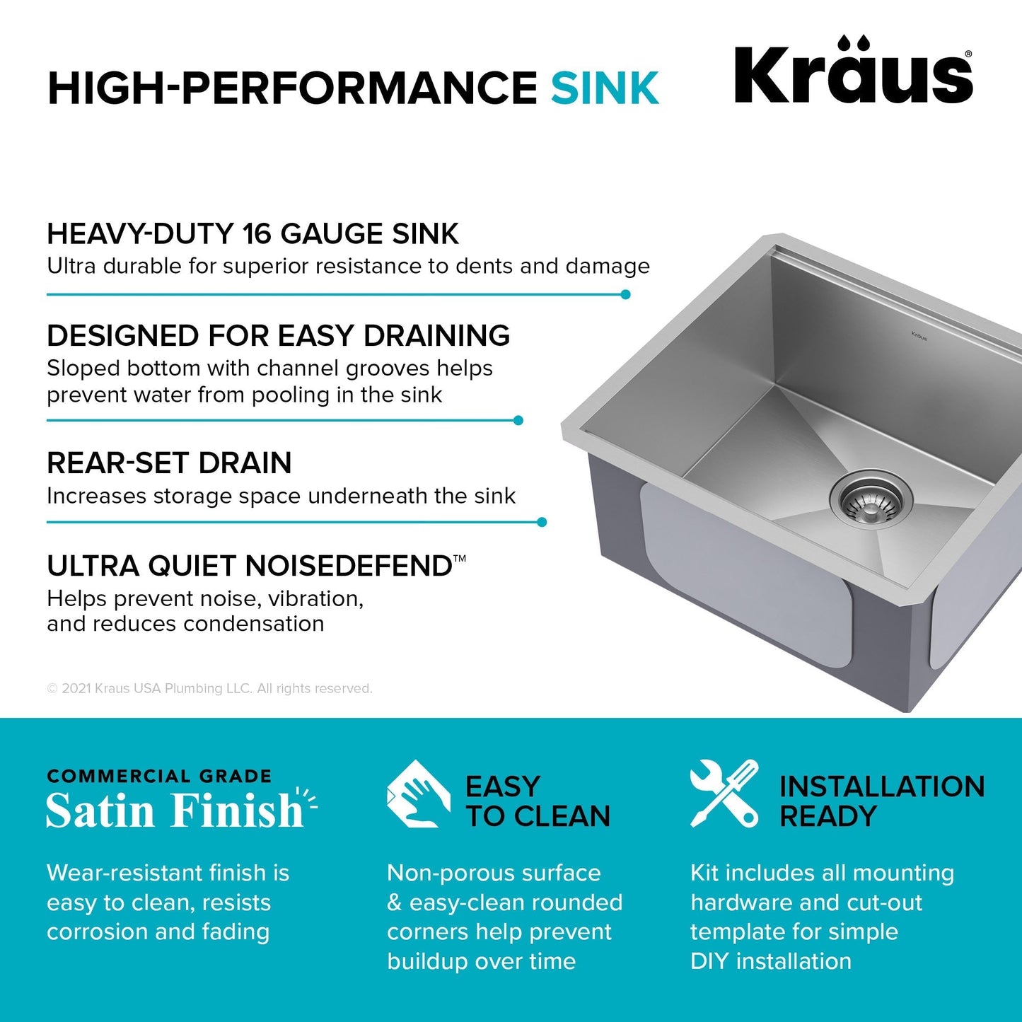 KRAUS Kore 21" Undermount Workstation 16 Gauge Stainless Steel Single Bowl Kitchen Sink with Accessories - KWU111-21