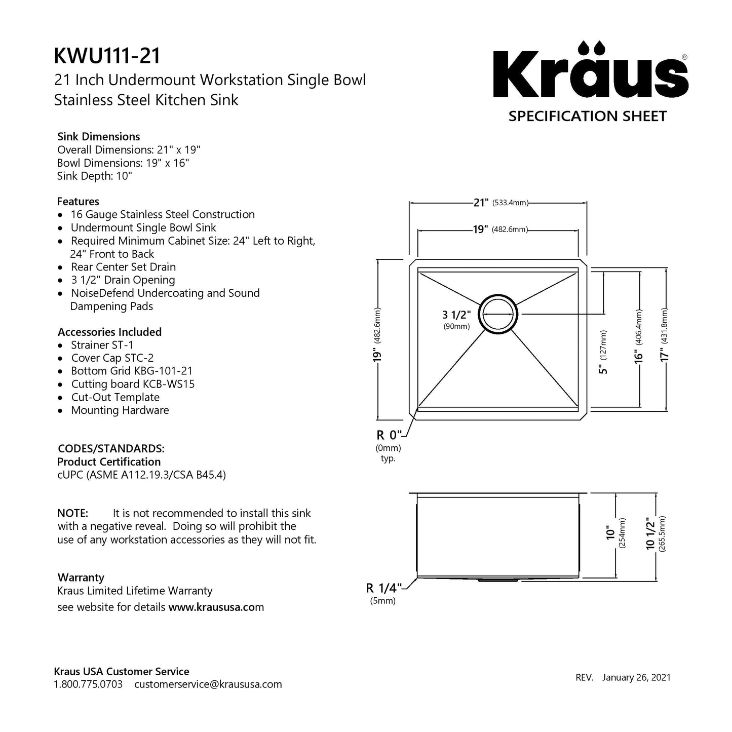 KRAUS Kore 21" Undermount Workstation 16 Gauge Stainless Steel Single Bowl Kitchen Sink with Accessories - KWU111-21