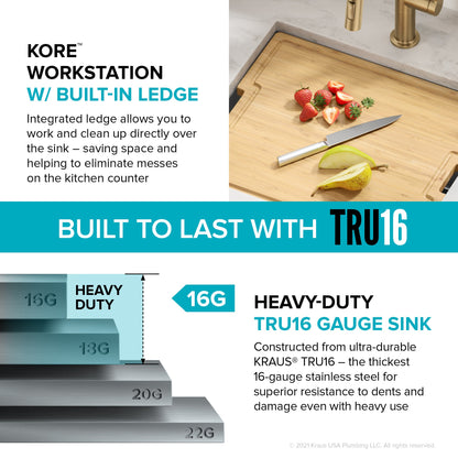 KRAUS Kore 21" Undermount Workstation 16 Gauge Stainless Steel Single Bowl Kitchen Sink with Accessories - KWU111-21