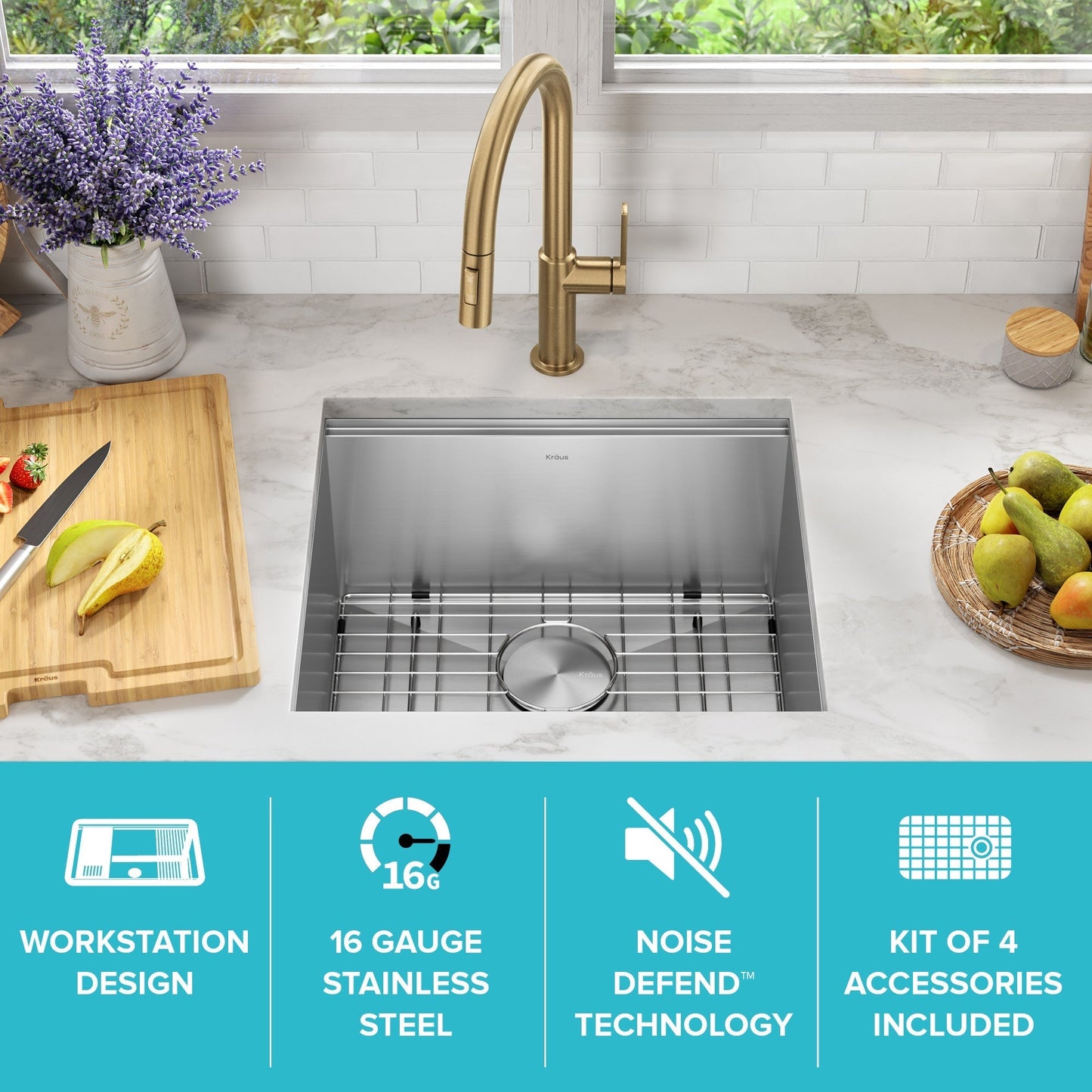 KRAUS Kore 21" Undermount Workstation 16 Gauge Stainless Steel Single Bowl Kitchen Sink with Accessories - KWU111-21