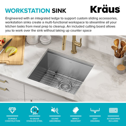 KRAUS Kore 21" Undermount Workstation 16 Gauge Stainless Steel Single Bowl Kitchen Sink with Accessories - KWU111-21