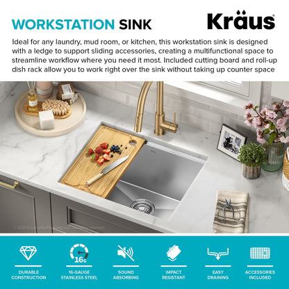 KRAUS Kore 23" Undermount Workstation 16 Gauge Laundry Utility Sink with Accessories - KWU100-23L