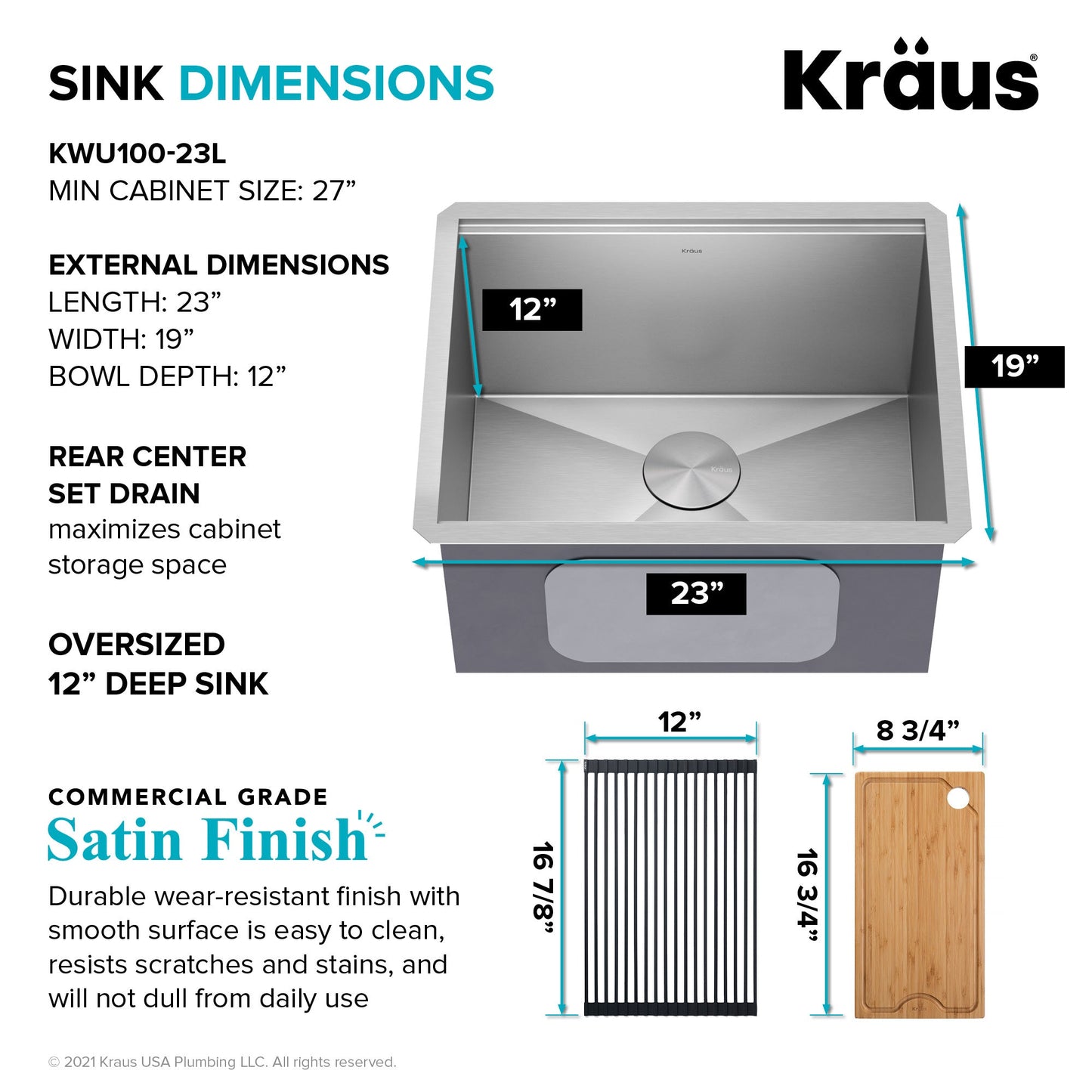 KRAUS Kore 23" Undermount Workstation 16 Gauge Laundry Utility Sink with Accessories - KWU100-23L