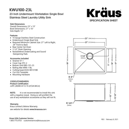 KRAUS Kore 23" Undermount Workstation 16 Gauge Laundry Utility Sink with Accessories - KWU100-23L