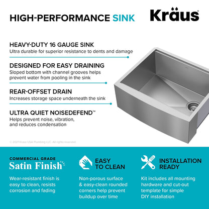 KRAUS Kore 24" Apron Front Workstation 16 Gauge Stainless Steel Single Bowl Kitchen Sink with Accessories - KWF210-24