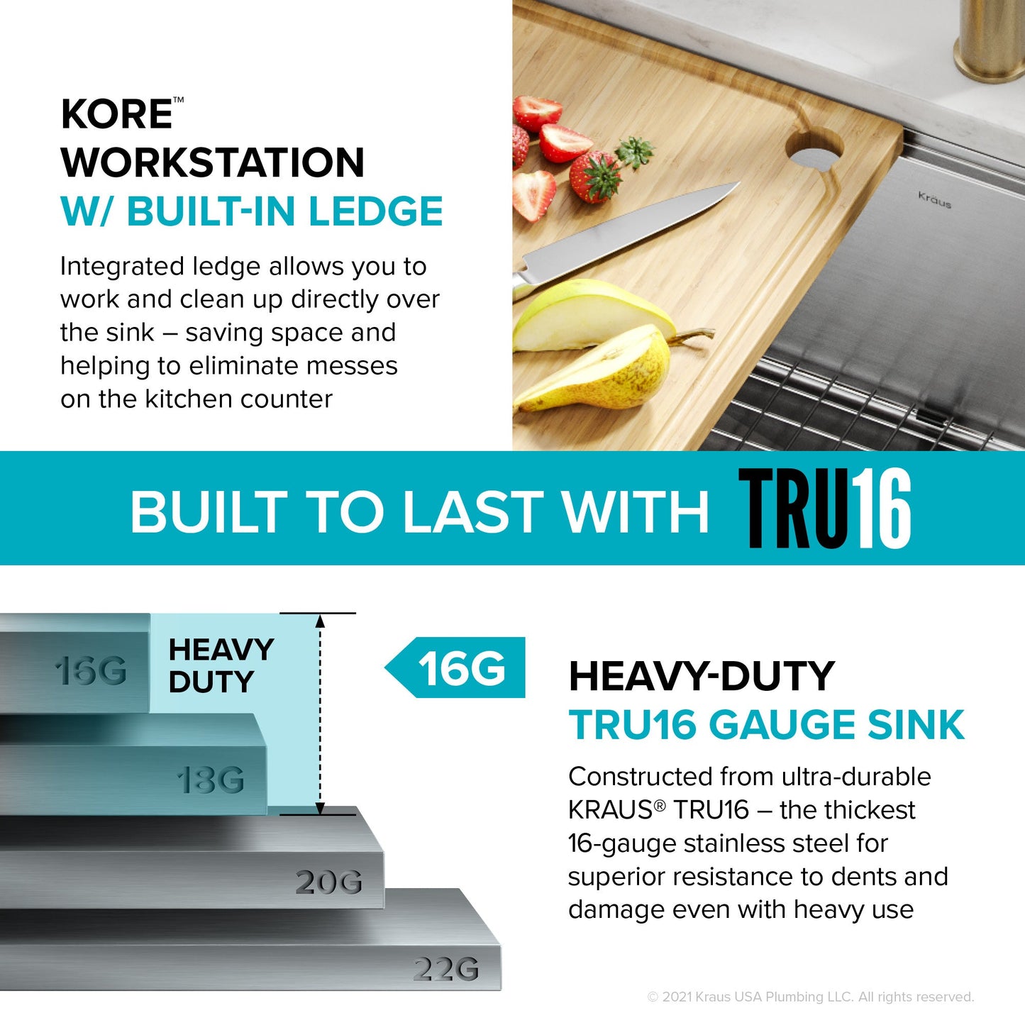 KRAUS Kore 24" Apron Front Workstation 16 Gauge Stainless Steel Single Bowl Kitchen Sink with Accessories - KWF210-24