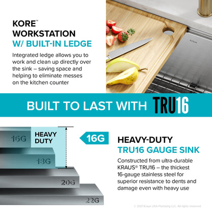 KRAUS Kore 24" Apron Front Workstation 16 Gauge Stainless Steel Single Bowl Kitchen Sink with Accessories - KWF210-24
